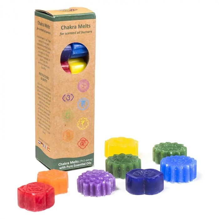 Cire à fondre chakras - 7 chakras, 7 parfums aux huiles essentielles. Une cire à fondre 100 % végétale pour activer l’ambiance, pas le chaos intérieur. Kit énergétique chakra, affirmations et rituel mantra du matin.