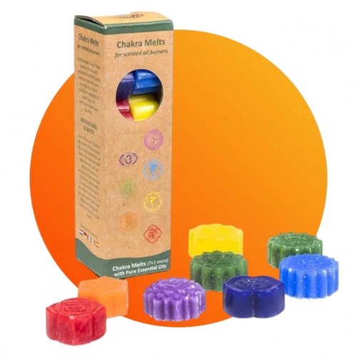 Cire à fondre chakras - 7 chakras, 7 parfums aux huiles essentielles. Une cire à fondre 100 % végétale pour activer l’ambiance, pas le chaos intérieur. Kit énergétique chakra, affirmations et rituel mantra du matin.