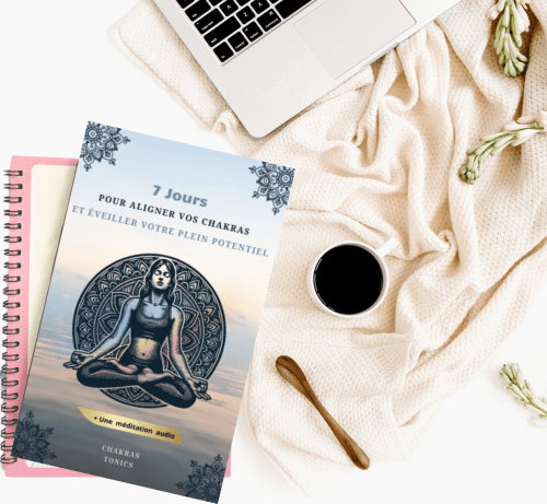Image du produit digital « Cahier d’exercices et méditation pour harmoniser les chakras » incluant un fichier PDF interactif et un MP3 de méditation guidée, conçu pour équilibrer les 7 chakras et favoriser le bien-être spirituel.