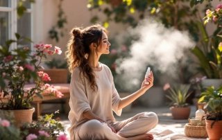 Femme assise dans un jardin fleuri, en train de vaporiser un spray énergétique dans une ambiance douce et pastel pour éveiller le chakra de la gorge