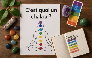 Illustration photo d’un schéma "C'est quoi au juste un chakra" sur papier, entouré de pierres, plantes et encens, représentant les centres d’énergie et naturel du bien-être. Kit rituel énergétique chakra, affirmations et rituel mantra du matin.