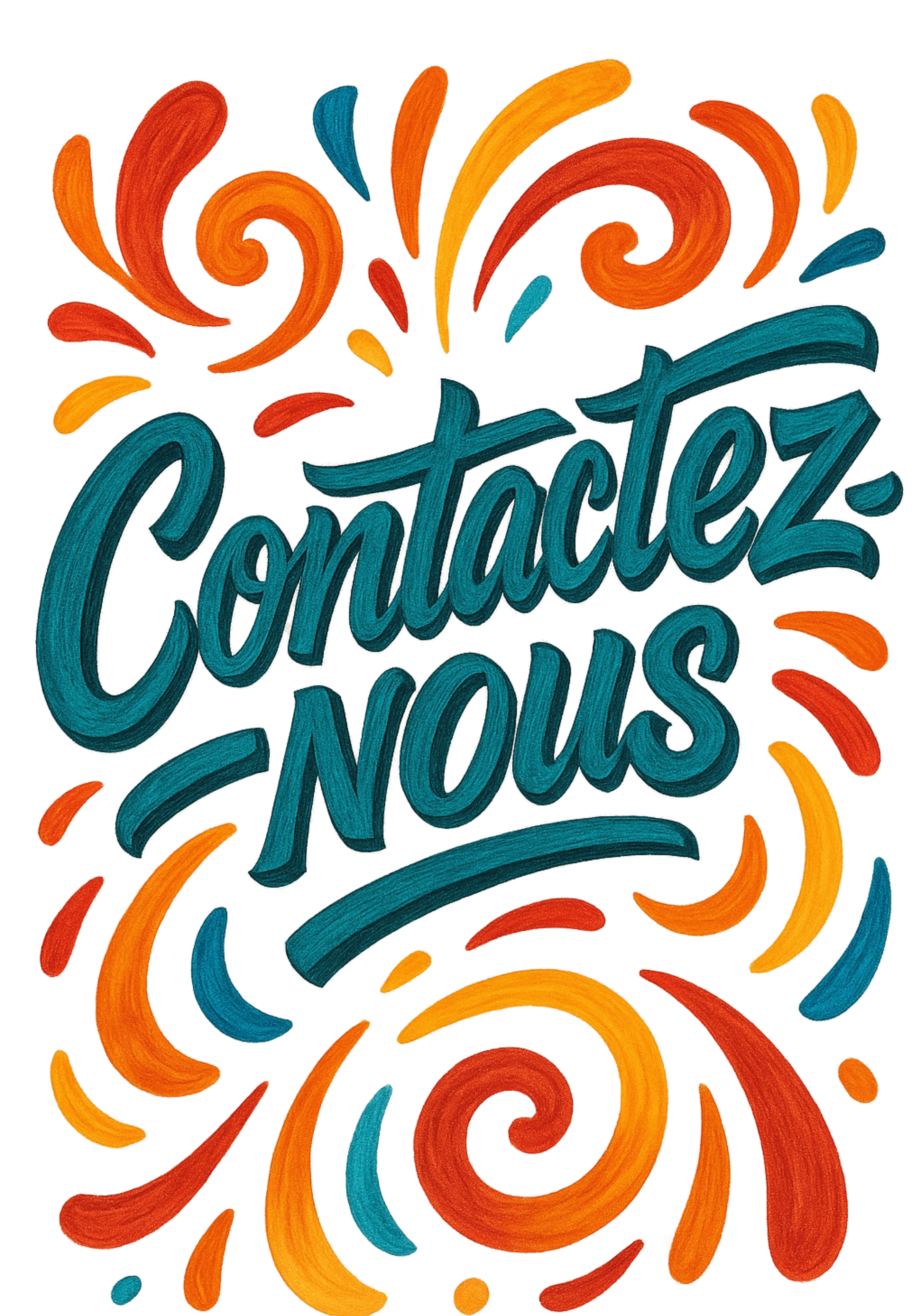 Conseil, FAQ de la page Contact. Lettrage artistique "Contactez-nous" peint à la main, entouré de formes colorées et organiques sur fond clair, dans un style dynamique et spirituel.