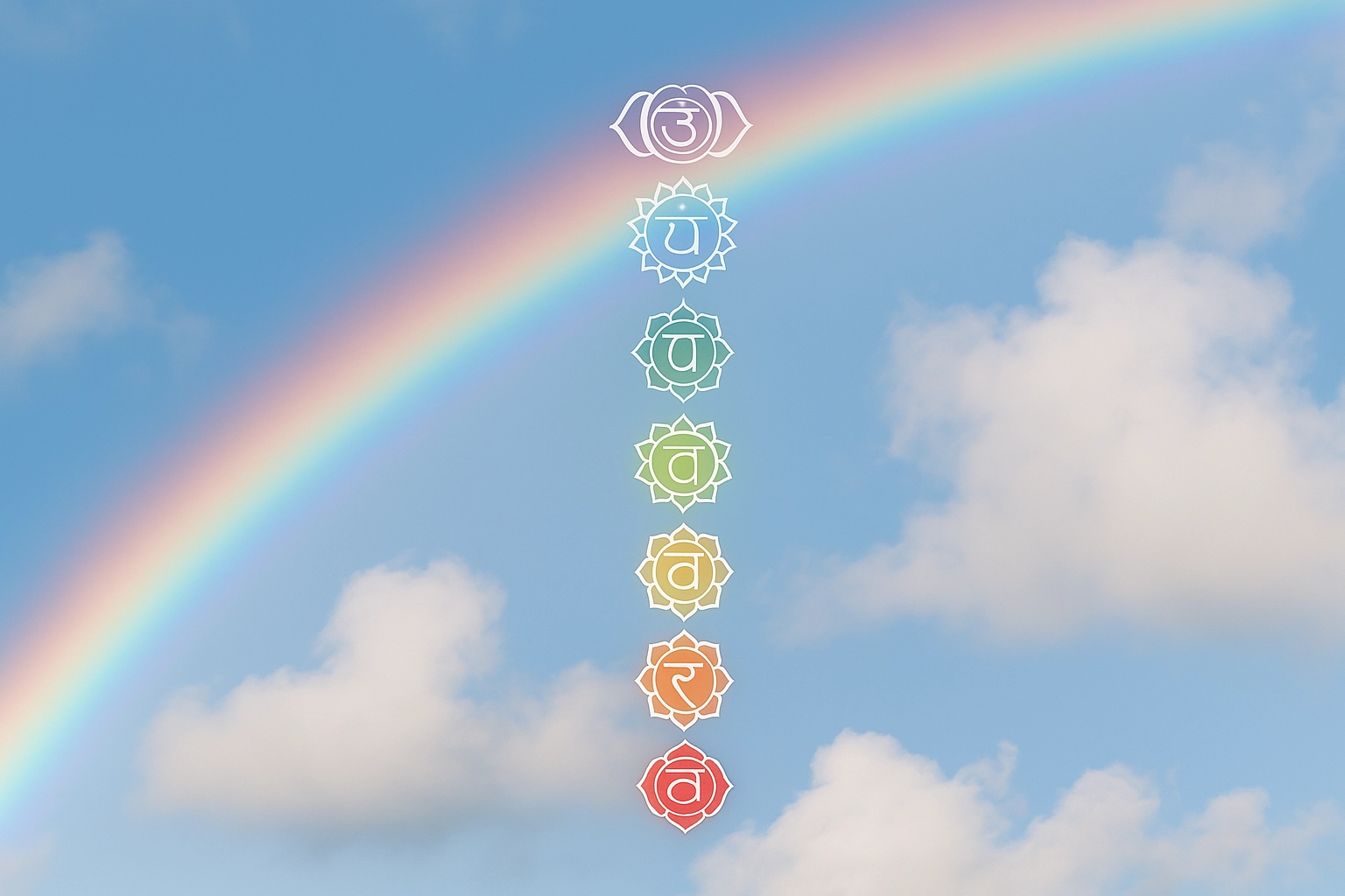 image-arc-en-ciel Fleur sacrée aux 7 couleurs vibratoires représentant les 7 chakras principaux – un visuel symbolique pour mieux comprendre les rôles de chaque chakra et harmoniser ses chakras naturellement.