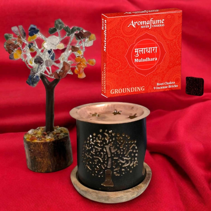 Kit éclat de vie bien-être avec brûleur à encens, brique parfumée et arbre à pierres précieuses colorées – ambiance zen, vibrante et stylée. Kit rituel énergétique chakra, affirmations et rituel mantra du matin.