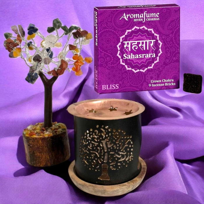 Kit éclat de vie bien-être avec brûleur à encens, brique parfumée et arbre à pierres précieuses colorées – ambiance zen, vibrante et stylée. Kit rituel énergétique chakra, affirmations et rituel mantra du matin.