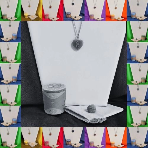 Kit Chic Tonic avec bougie, collier, pendentif cœur en pierre. Kit rituel énergétique chakra, affirmations et rituel mantra du matin.