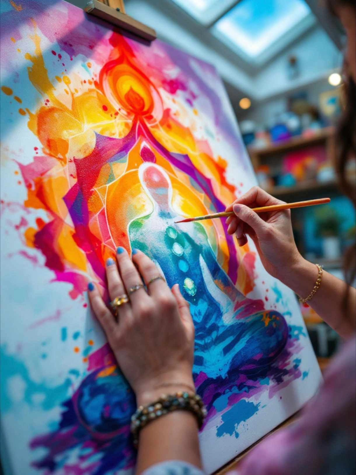 femme-peint-silhouette-meditation-chakras-couleurs-art-energetique Artiste peignant un corps énergétique avec les 7 chakras – équilibrer et ouvrir ses chakras par la créativité.