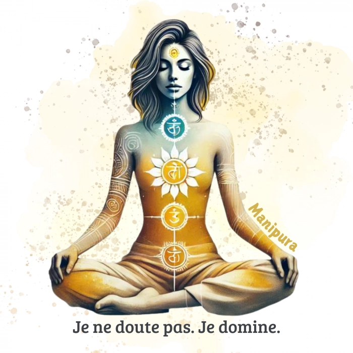 Illustration carte postale Chakra Girl Manipura – confiance, feu intérieur et affirmation de soi.