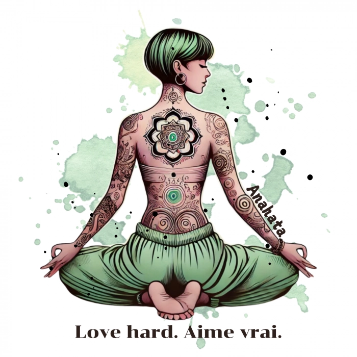 Illustration carte postale Chakra Girl Anahata – amour inconditionnel et ouverture du cœur.