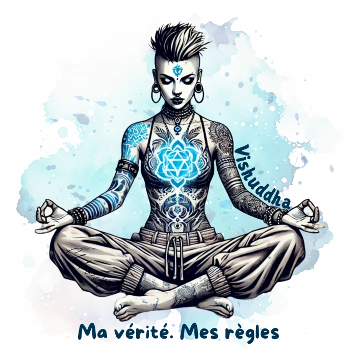 Illustration carte postale Chakra Girl Vishuddha – expression libre, vérité et communication.