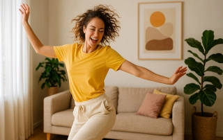 eune femme dansant joyeusement dans une pièce lumineuse, exprimant de la liberté et de la joie, renforçant l'énergie du chakra Manipura, le chakra solaire.