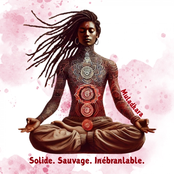 Illustration carte postale Chakra Girl Muladhara – énergie d’ancrage et de force intérieure.