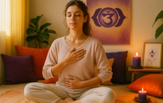 Jeune femme d’environ 25 ans assise en tailleur dans un salon lumineux, en pleine respiration consciente pour apaiser le mental et harmoniser le chakra du 3e œil.