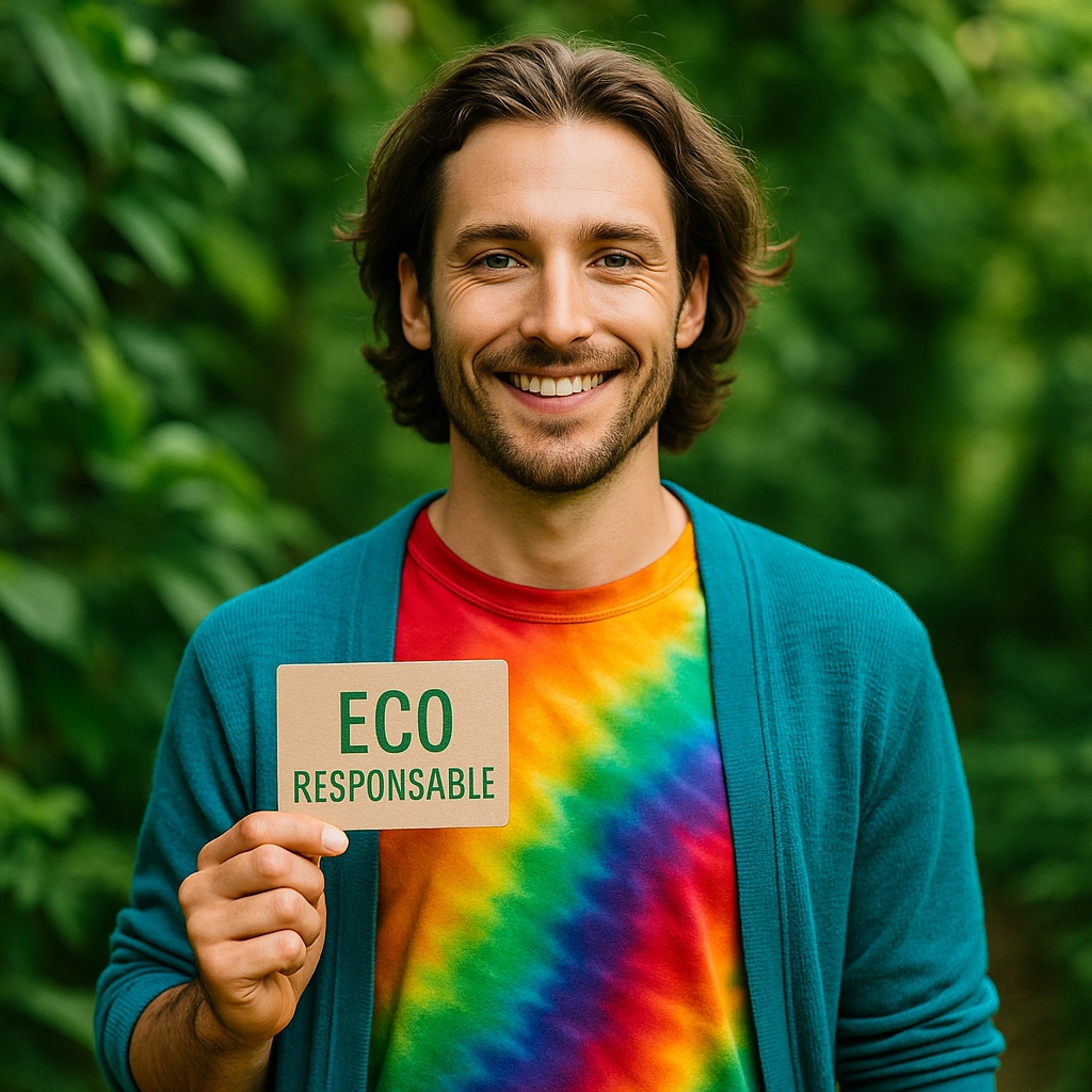 chakras-ethiques-naturels-eco-responsable Jeune homme caucasien tenant un panneau éco-responsable, incarnant les valeurs vertes de Chakrastonics.