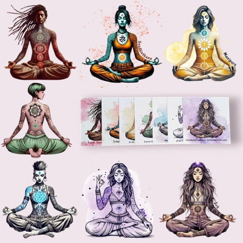 Coffret Chakras Girls – 7 cartes postales illustrées pour incarner les énergies des chakras à travers des figures féminines inspirantes.