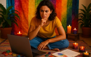 Jeune femme brune en tailleur devant un ordinateur portable, entourée de bougies et pierres des chakras, réfléchissant à quel kit énergétique choisir.