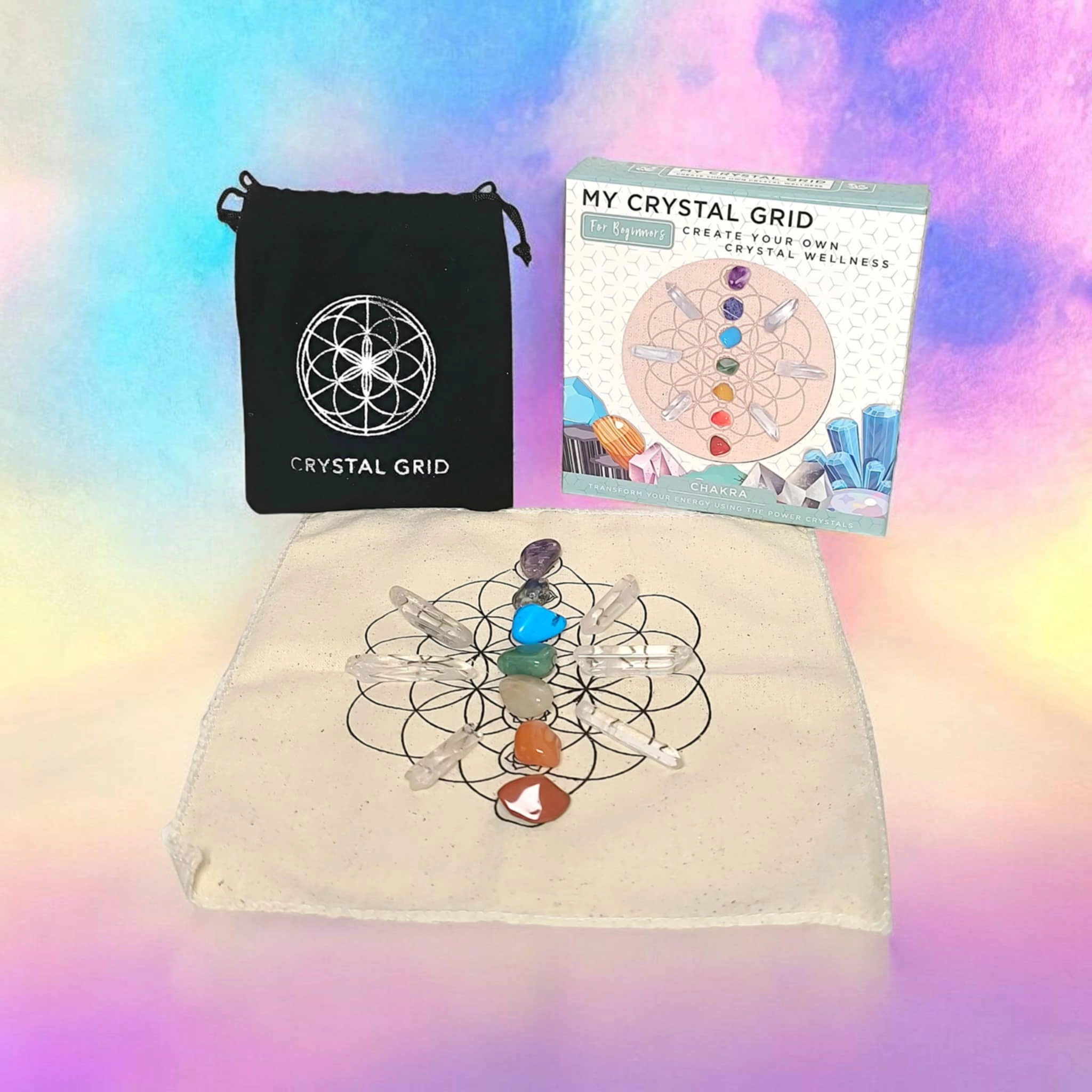 Kit nomade pierres des 7 chakras dans pochette chakras dorés pour équilibre énergétique