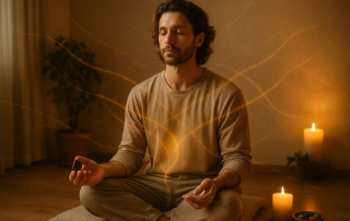Homme méditant les yeux fermés, tenant une pierre dans une lumière douce, visualisant des fils d’énergie à couper pour libérer le chakra sacré.
