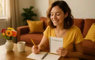 Femme souriante écrivant dans un carnet de gratitude dans un salon chaleureux, symbole de recentrage et d'équilibre des chakras.