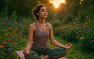 Jeune femme méditant en extérieur dans une lumière naturelle, illustrant l’ouverture des chakras à travers une pratique simple et consciente.