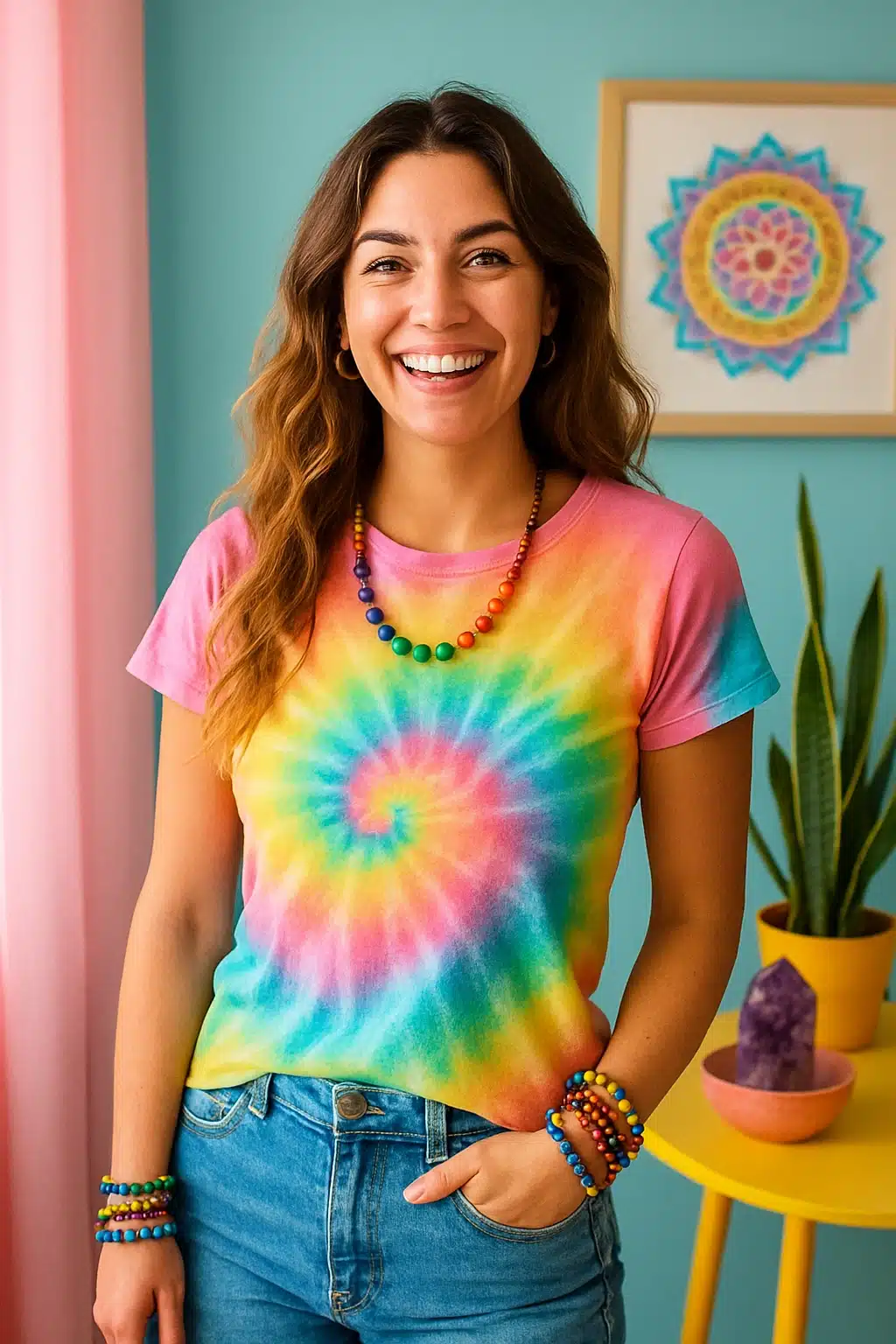 quel-chakra-travailler-kit-energetiquue-coffret-alignement Femme joyeuse en t-shirt coloré illustrant l’effet d’un chakra harmonisé – elle incarne les bienfaits d’un kit chakra bien choisi pour retrouver énergie, confiance et ancrage au quotidien.