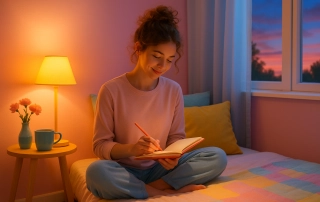 Jeune femme détendue assise sur un lit aux tons pastel, écrivant une intention du soir dans un carnet au coucher du soleil pour apaiser le mental et soutenir le chakra du cœur.