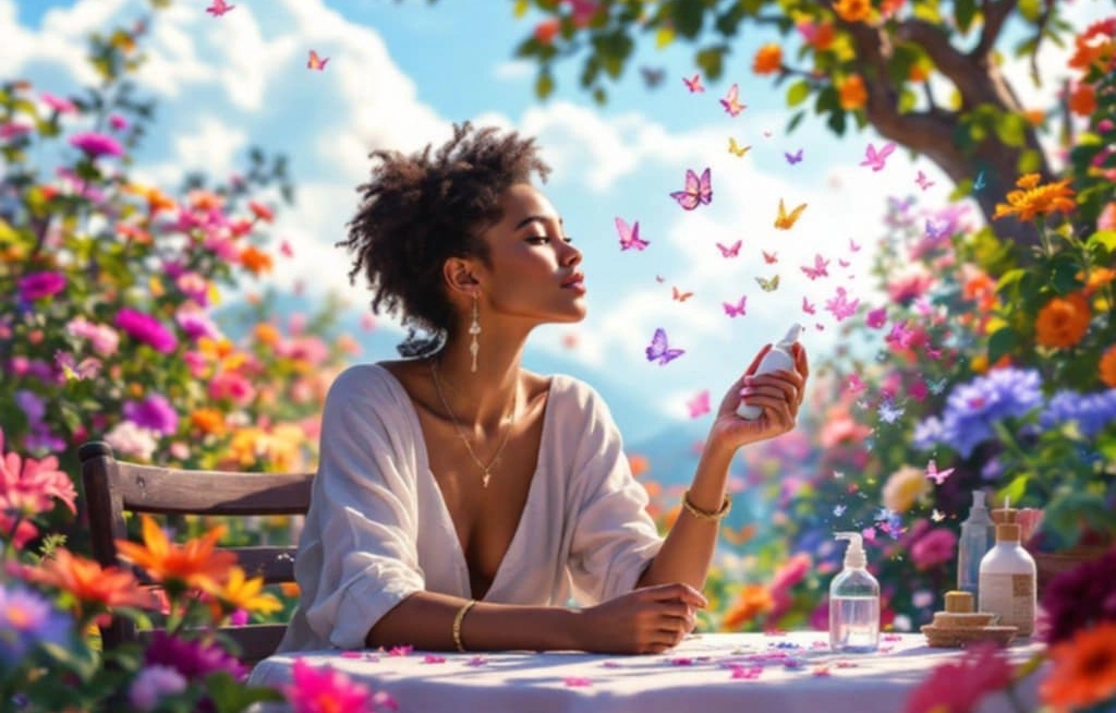 rituels-chakras-tonics-blog-bien-etre-reequilibrage Femme assise dans un jardin fleuri, vaporisant un spray énergétique, entourée de papillons colorés – rituel bien-être et chakras.