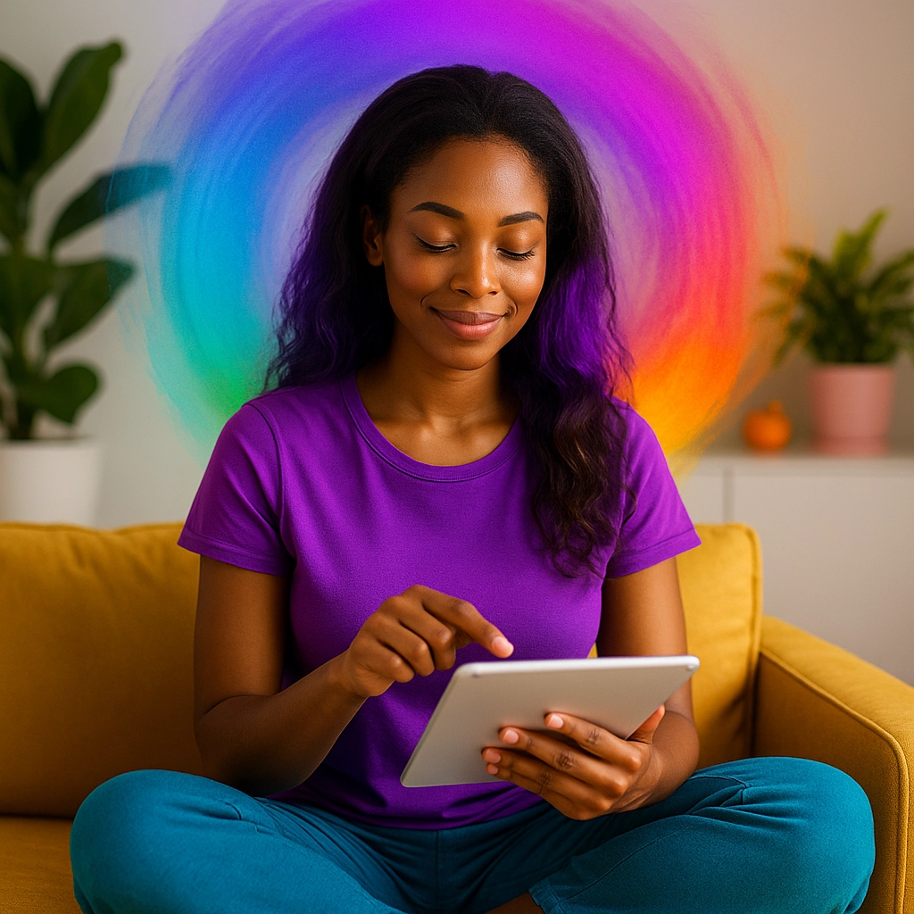 suivi-commande-chakras-livraison-kit Femme concentrée consultant le suivi d’une commande en ligne avec un fond violet spirituel.