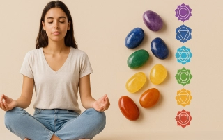 Jeune femme méditant en tailleur, entourée des pierres colorées représentant les 7 chakras alignés sur un fond beige doux.