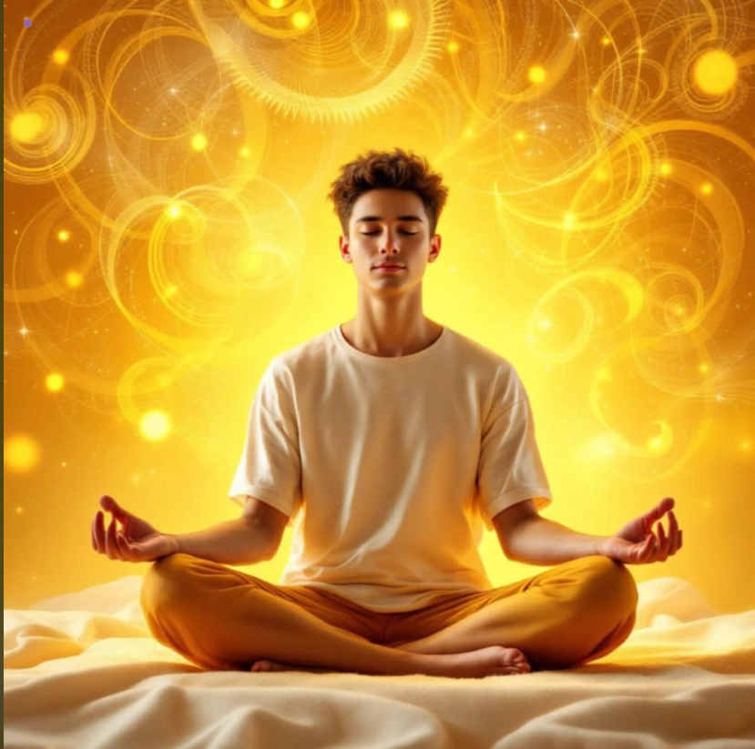 chakra-3-manipura-confiance-pouvoir-personnel-rayonnement Homme méditant sous une lumière dorée avec des motifs de feu, symbole du chakra Manipura.