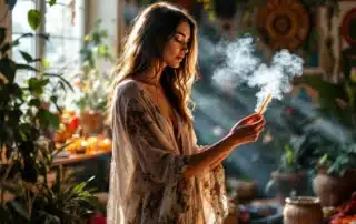 Femme tenant un bâton de Palo Santo dans un espace de rituel spirituel avec de la fumée
