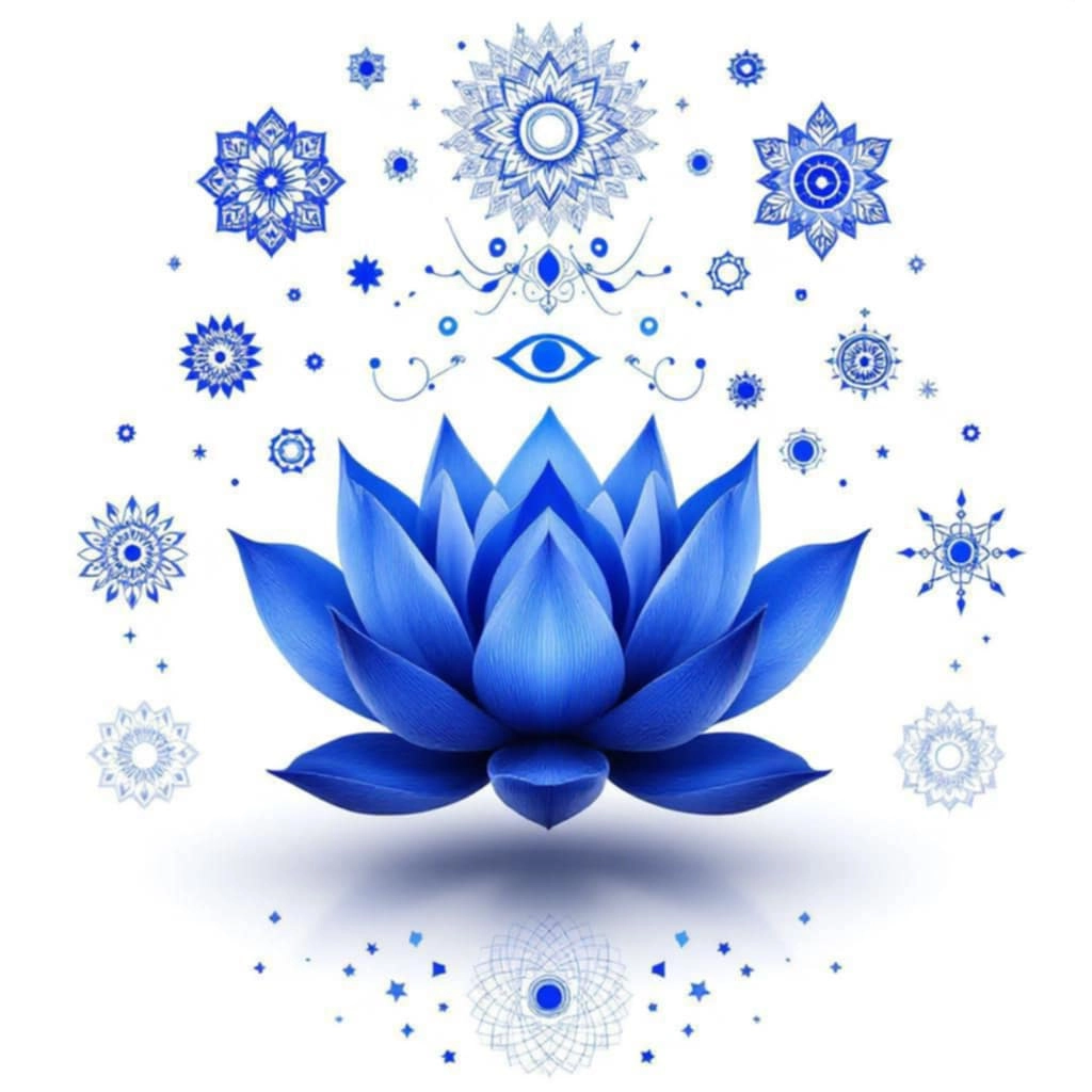 ajna-chakra-troisieme-oeil- Illustration du chakra Ajna avec un lotus bleu et symboles sacrés évoquant l’intuition et la vision intérieure.