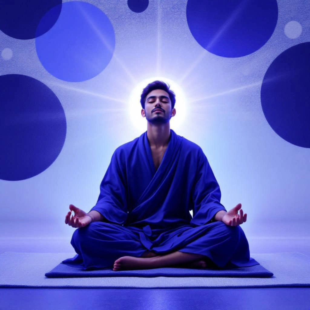 ajna-chakra-troisieme-oeil-intuition-clarte-vision- Homme en méditation vêtu de bleu, concentré sur son troisième œil sous une lumière indigo.