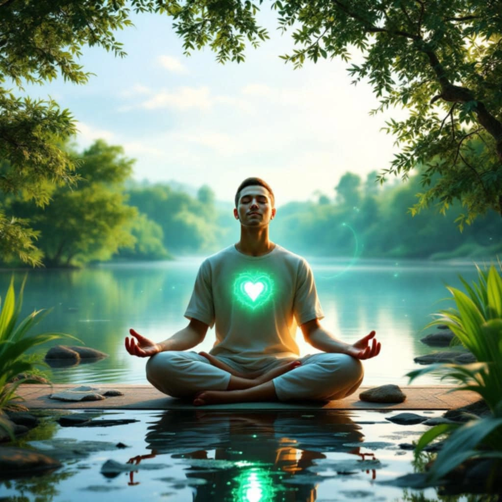 chakra-du-coeur-anahata-conseils-informations-amour-compassion Homme méditant au bord de l’eau, lumière verte rayonnante au niveau du cœur, symbolisant le chakra Anahata.