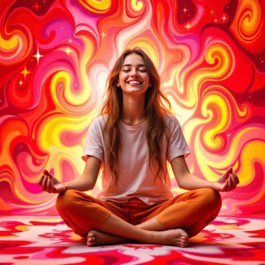 chakras-2-svaddhisthana-plaisir-creativite-epanouissement-meditation Femme méditant sur un fond psychédélique orange, le chakra sacré illuminé, symbolisant la créativité et l’épanouissement émotionnel.