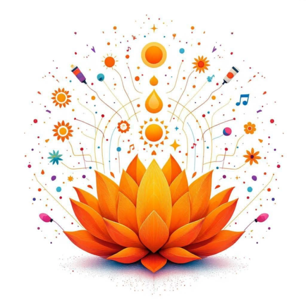 chakras-2-svaddhisthana-plaisir-creativite-epanouissement Illustration artistique du chakra sacré avec un lotus orange et des symboles de créativité, représentant le plaisir et l’épanouissement.