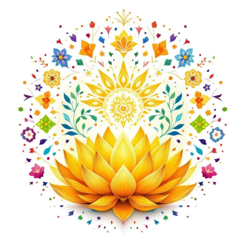 chakras-3-manipura-confiance-pouvoir-personnel-rayonnement Lotus doré entouré de motifs floraux et géométriques, représentant l’énergie du chakra Manipura.