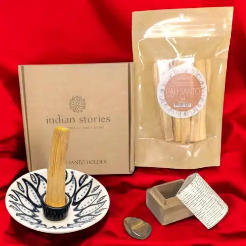 Kit Bois Sacré chakra racine Muladhara : brûleur céramique ethnique, palo santo, pierre œil de tigre et boîte bois — rituel ancrage énergétique