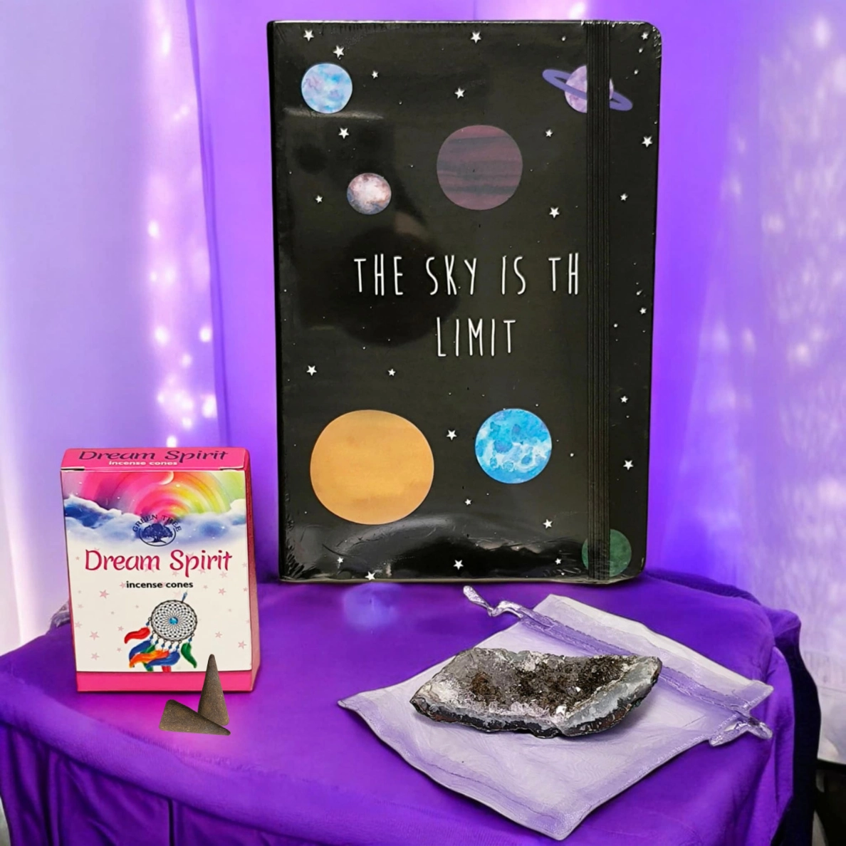 Kit Sahasrara Rêve Spirituel avec carnet céleste, cônes d’encens Dream Spirit et druse d’améthyste