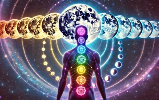 Phases lunaires alignées avec les 7 chakras sur un corps humain énergétique, dans un décor cosmique vibrant.