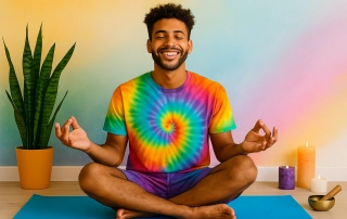 Jeune homme souriant en position de méditation, portant un t-shirt tie-dye arc-en-ciel, assis sur un tapis de yoga bleu, entouré de bougies et d’accessoires zen, illustrant la pratique du yoga et l’harmonie des chakras. FAQ