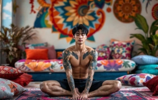 Un homme coréen tatoué, assis en posture du papillon (Baddha Konasana) dans un salon coloré et cosy, entouré de coussins multicolores et de décorations murales vives, pour illustrer un rituel énergétique du chakra sacré