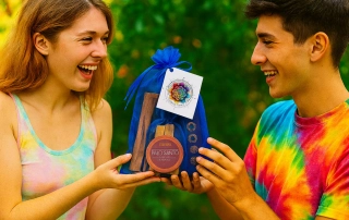 Deux jeunes adultes souriants s’échangent LE cadeau spirituel, un kit chakra coloré dans un jardin ensoleillé.