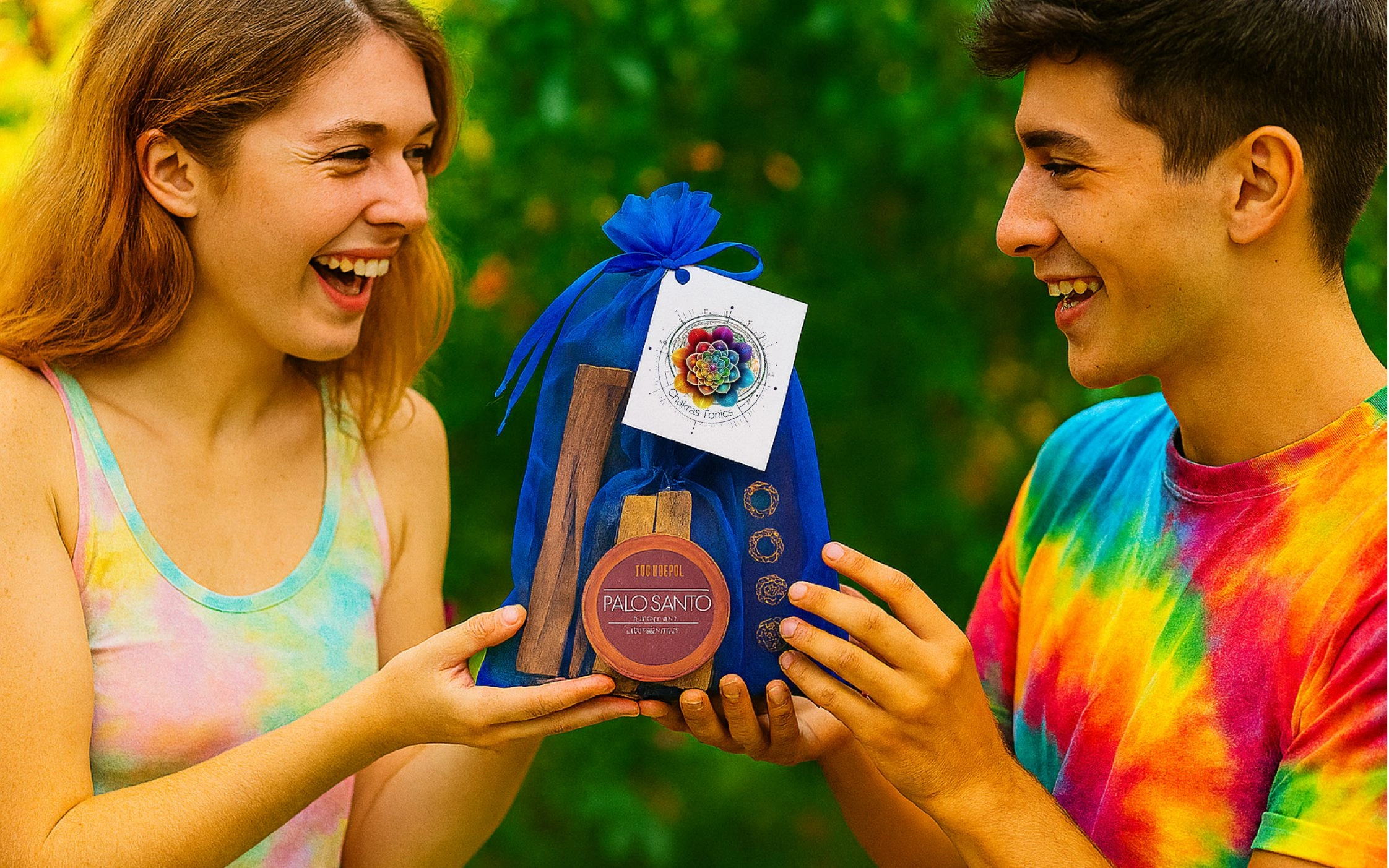 article-blog-kit-chakras-tonics-cadeau-spirituel Deux jeunes adultes souriants s’échangent LE cadeau spirituel, un kit chakra coloré dans un jardin ensoleillé.