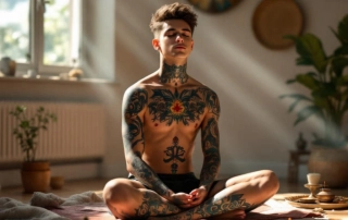 Jeune homme tatoué en méditation dans une lumière douce, pratiquant le rituel des 7 souffles chakras pour booster son énergie et ouvrir ses chakras.