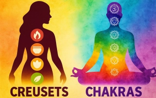 Illustration colorée représentant les 7 chakras alignés, sur un fond cosmique vibrant, avec des creusets énergétiques en transparence.