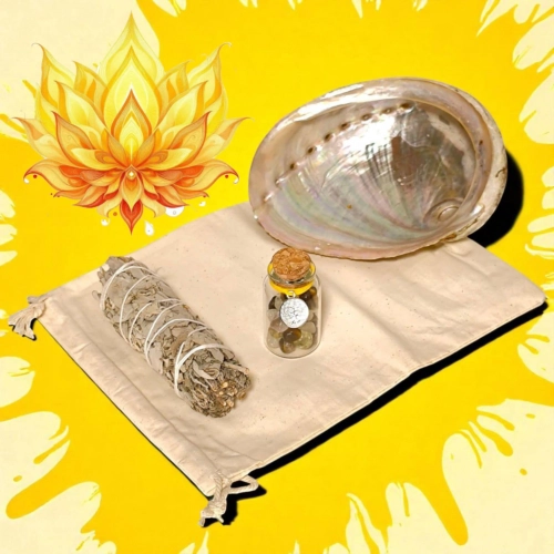 Kit Détox Solaire avec coquille d’ormeaux, bâton de sauge blanche et fiole de pierres pour le chakra du plexus solaire