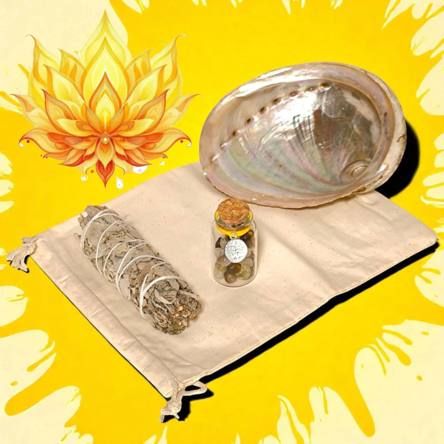 Kit Détox Solaire avec coquille d’ormeaux, bâton de sauge blanche et fiole de pierres pour le chakra du plexus solaire