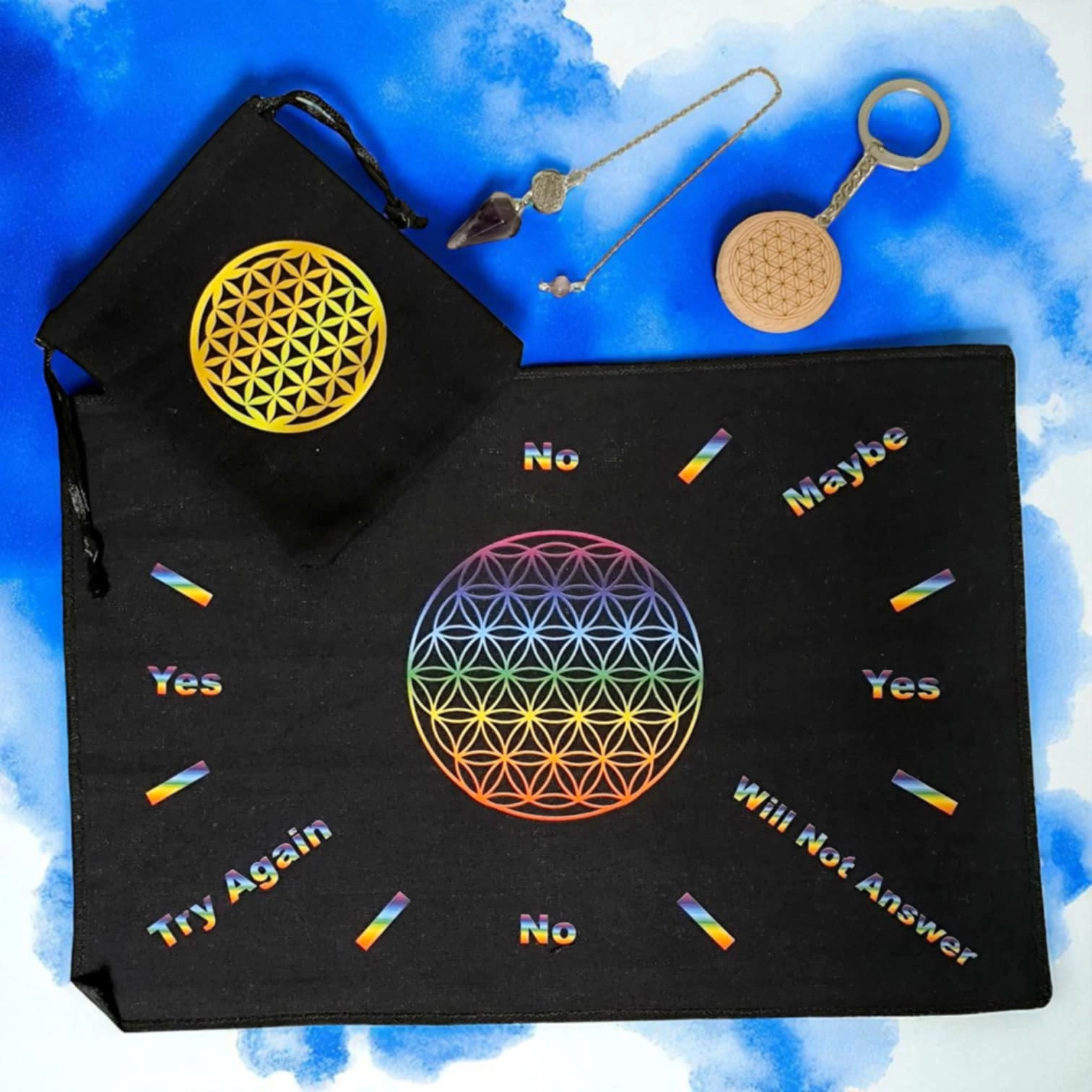 Kit Éveil Intuition avec pendule améthyste, tapis divinatoire à pendule fleur de vie et accessoires Ajna chakra.