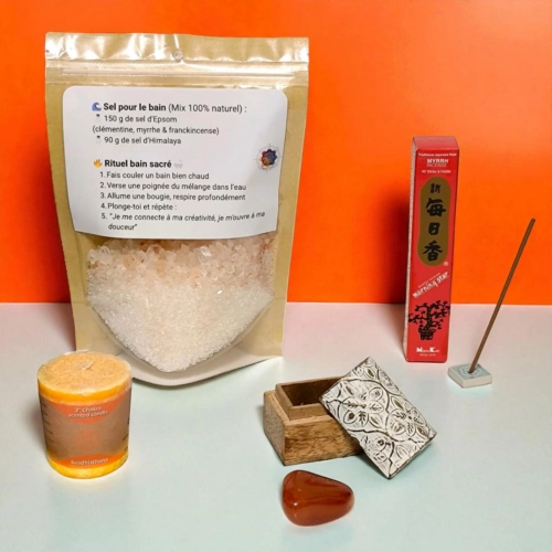 Kit rituel sacré chakra sacré svadhisthana avec sel d’Epsom, cornaline, encens myrrhe, boîte bois et bougie orange